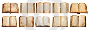 Old blank open books collection isolated on transparent background.