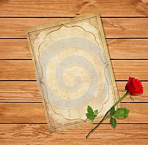 Old blank paper script and elegant red rose on wooden background