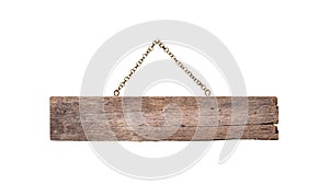 Old blank plank wood sign frame with rusty steel chain hang isolated on white background , clipping path