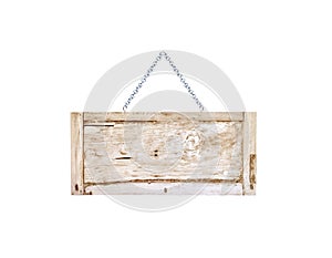 Old blank wood sign with steel chain hanging isolated on white background , clipping path