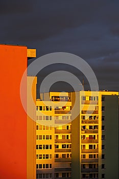 Old block of flats - apartment building made from concrete panels in communist era in eastern Europe, Prague, Czech Republic