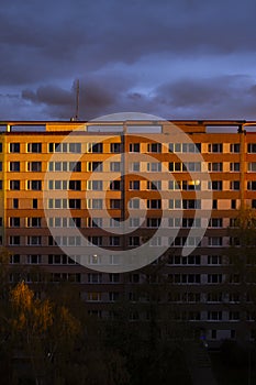 Old block of flats - apartment building made from concrete panels in communist era in eastern Europe, Prague, Czech Republic