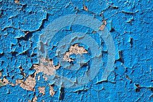 Old blue background. Texture of exfoliating paint from the wall. Empty space