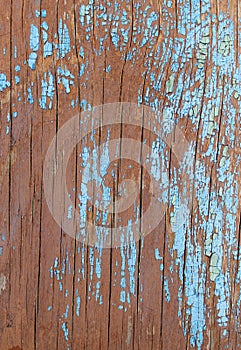 Old blue board with cracked paint, vintage wood background, grunge plank. Old wooden background with remains of pieces of scraps