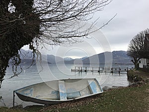 Old blue boat near Annecy lake