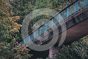 Old blue bridge disappearing in the forest.