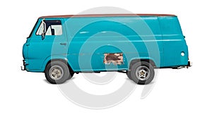 Old Blue cargo van on white background with rust
