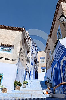 Old blue painted street in city of Chefchaouen,Morocco