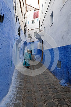 Old blue painted street in city of  Chefchaouen,Morocco