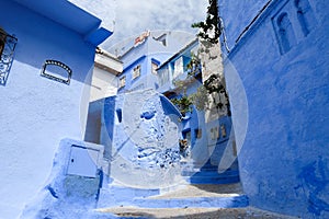 Old blue painted street in city of Chefchaouen,Morocco