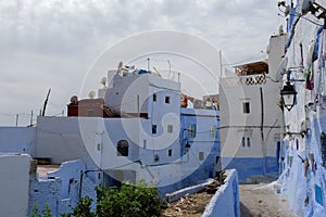 Old blue painted street in city of  Chefchaouen,Morocco