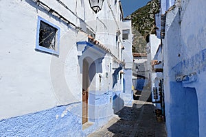 Old blue painted street in city of  Chefchaouen,Morocco