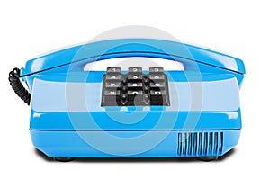 Old blue phone with shadow on isolated white background