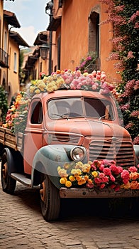 Old blue pickup used as a planter for flowers