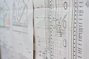 Old blue prints for industrial manufacturing