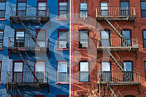 Old Blue and Red Brick Buildings in the East Village of New York City with Fire Escapes