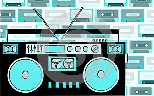Old blue retro vintage antique hipster obsolete cassette music audio tape recorder on a background of blue music audio cassettes.