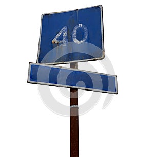 Old blue road sign on a white isolated background