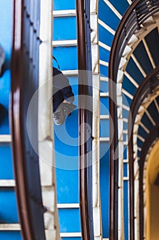 Old blue spiral staircase, spiral stairway inside an old house on Pozsonyi street in Budapest, Hungary. Project Budapest photo