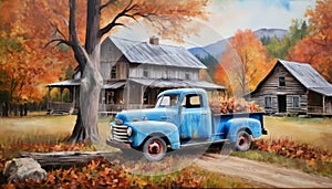 Old Blue Truck in Pastoral Autumn Setting