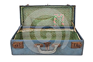 Old blue vintage bag suitcase isolated on white background, clipping path