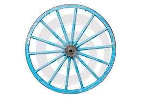An old blue wagon wheel
