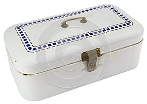 Old blue and white metal cash box with brass lock