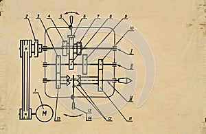 Old blueprint of lathe gearbox photo
