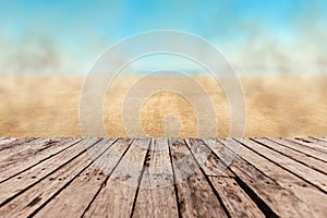 Old boards, floor on the background of the desert and sandstorm. Crisis, poverty, heat, fire