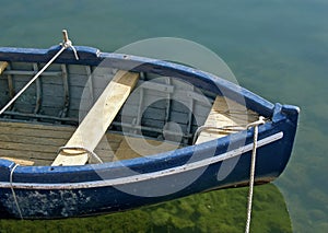 Old boat on blue green river