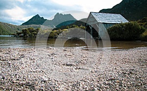 An old boat house by Dove Lake in Northern Tasmania