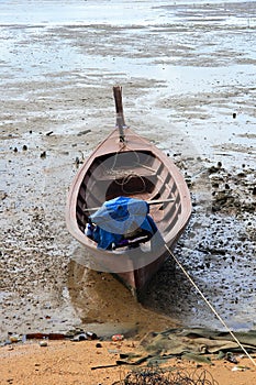 Old boat moored on beach