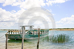 Old boat resting on blue lake
