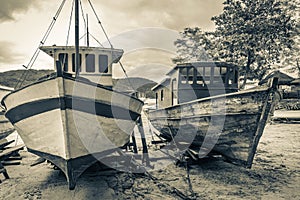 Old boats ships for restoration Abraao beach Ilha Grande Brazil