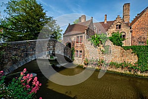 Old Bonifacius Bridge and medieval houses in Bruges, Belgium