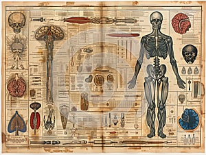 An old book of anatomy with drawings, the first studies of the human body