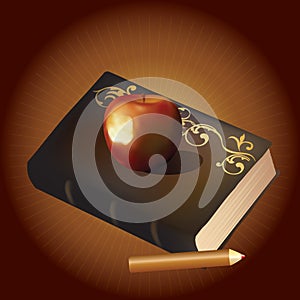 An old book, an apple and a pencil.