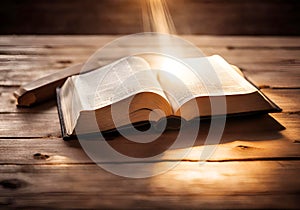 Old book or bible with magic glowing lights.