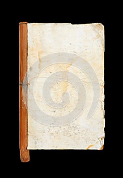 An old book with blank yellow stained pages isolated on black background