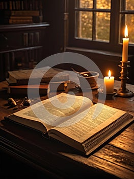 old book and burning candle on table