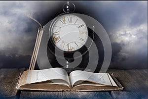 Old Book and Clock without Hands