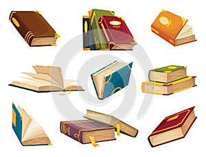 Old book collection. Wisdom or education concept. Vintage library design element. Ancient writing stationery symbol for