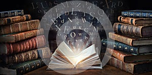 Old book with flying letters and magic light on the background of the bookshelf in the library. Ancient books as a symbol of