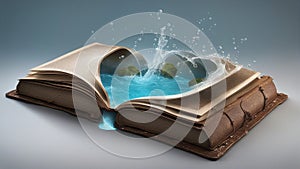 old book with heart A concept of an open magic book with pages that show water and land. The book is brown and old,