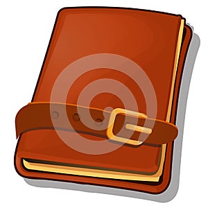 Old book with leathern brown cover and strap with copper buckle isolated on white background. Cartoon vector photo