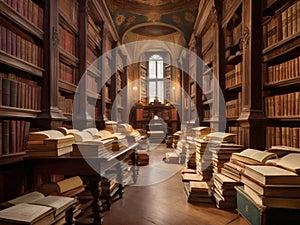 old book library, 3d render wooden bookshelf, isolated on dark background.