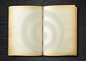 Old book open on dark wood background