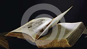 Old book pages detail. Stock footage. Open old book lying on the table with pages turning by wind.