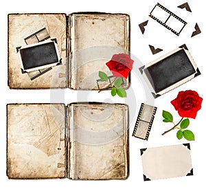 Old book, photo frameds and red rose flower. scrapbook elements