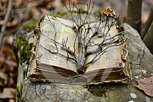 Old book with tree branch growing out of it symbolizing knowledge